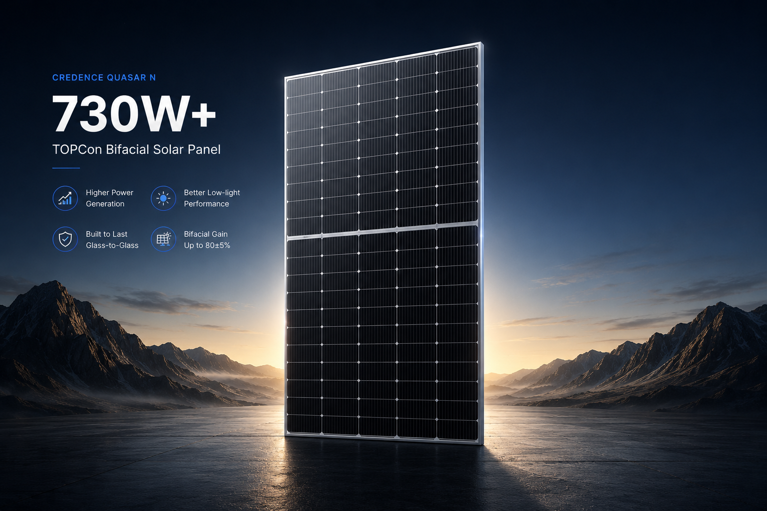 730W high efficiency bifacial solar panel front view — Credence Quasar N